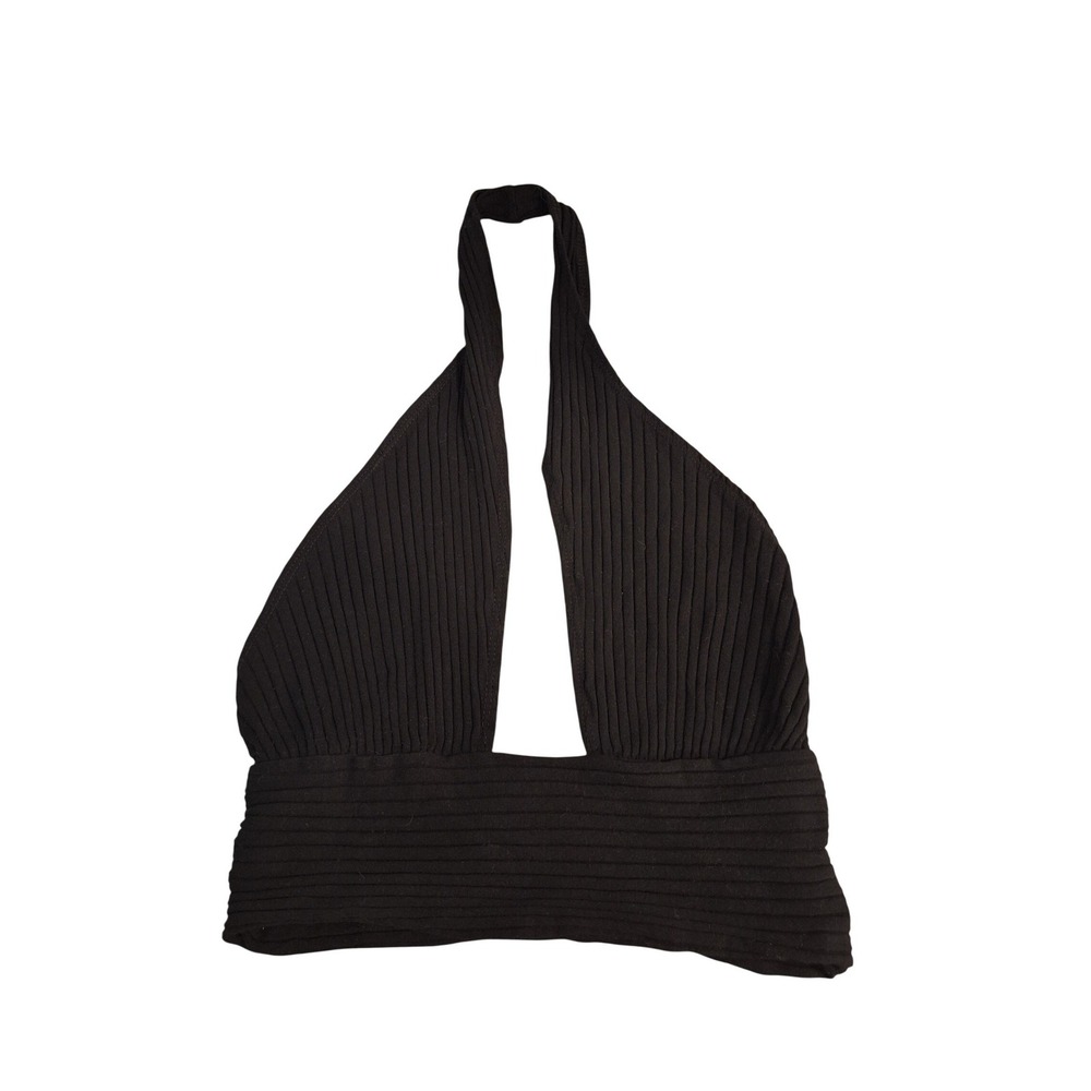 Callahan‎ Knitwear Mimi Black Ribbed Twist Neck Keyhole Halter Top XS